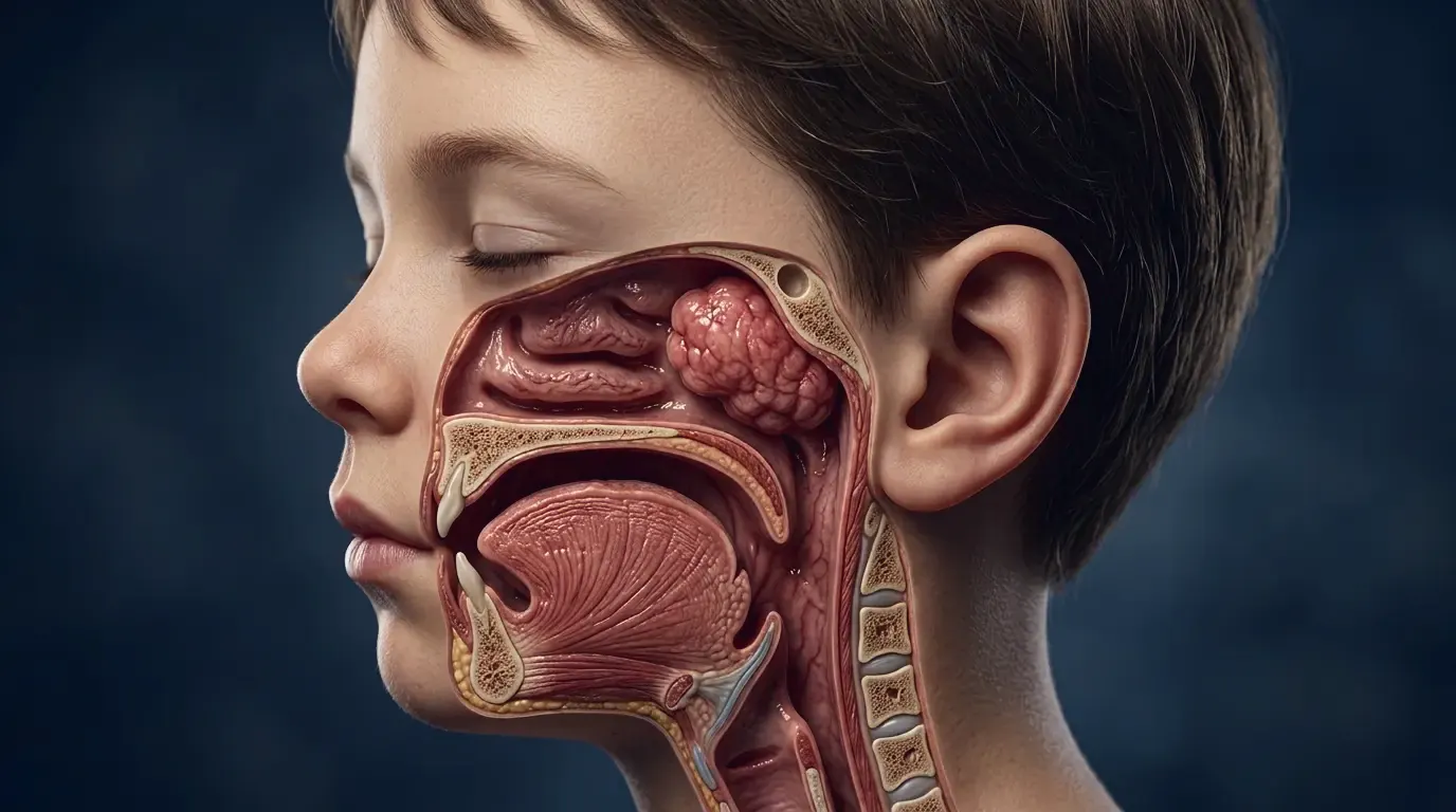 Profile of a sleeping child with a cut-away view of the inside of the nose and throat: very large adenoids block the back of the nose.