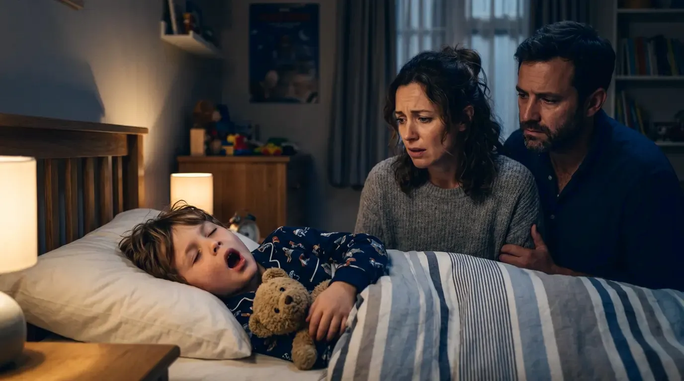 Padres preocupados observando a su hijo dormir con la boca abierta, un signo de apnea del sueño infantil