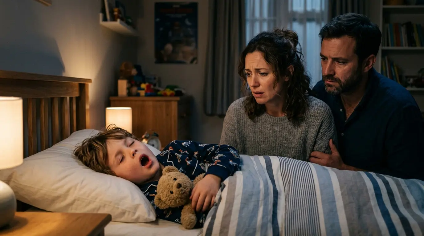 Padres preocupados observando a su hijo dormir con la boca abierta, un signo de apnea del sueño infantil