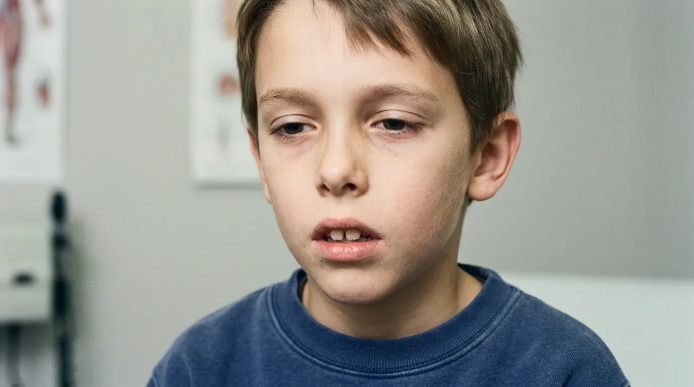A boy with his mouth open, dark circles under his eyes and a long face: typical features of adenoid facies.