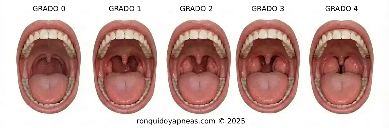 Escala de Friedman del tamaño amigdalar (grados 0 a IV) que muestra el tamaño de las amígdalas en la garganta