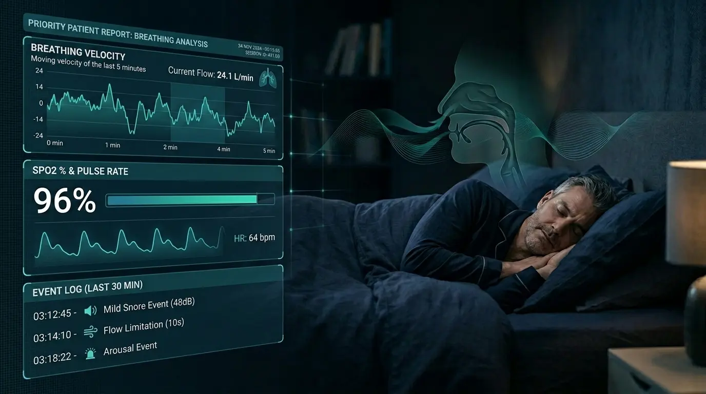 Panel de análisis de la respiración y el sueño durante la noche