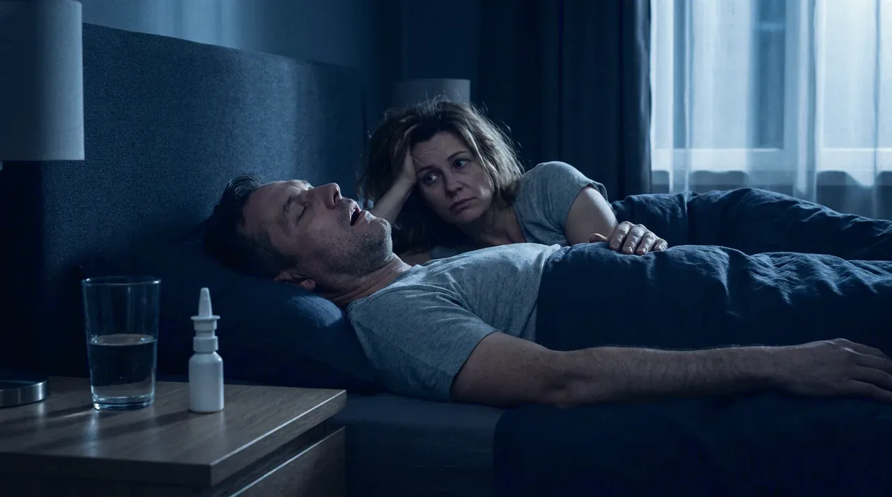 At night, a man who had nose surgery snores on his back while his partner, awake, looks at him wearily