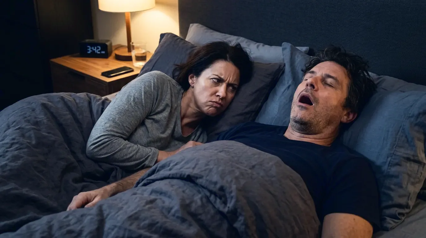 A woman lying awake and frustrated at night next to her partner snoring with his mouth open