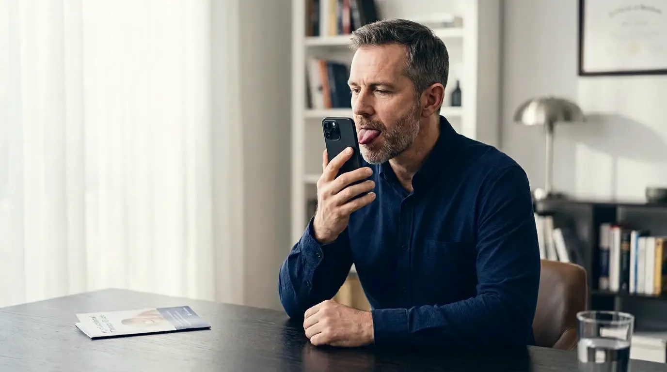 Patient doing myofunctional tongue exercises with the AirwayGym app on a smartphone