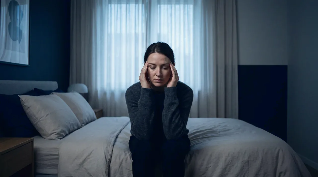 At dawn, a slim young woman sits on the edge of her bed, exhausted as if she had not slept