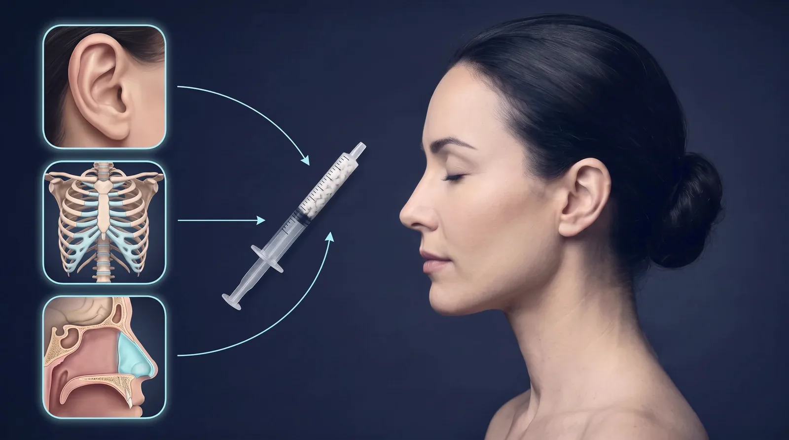 Oreja, caja torácica con los cartílagos costales marcados y tabique nasal, con flechas hacia una jeringa de 1 ml llena de diced cartilage, junto al perfil de una mujer