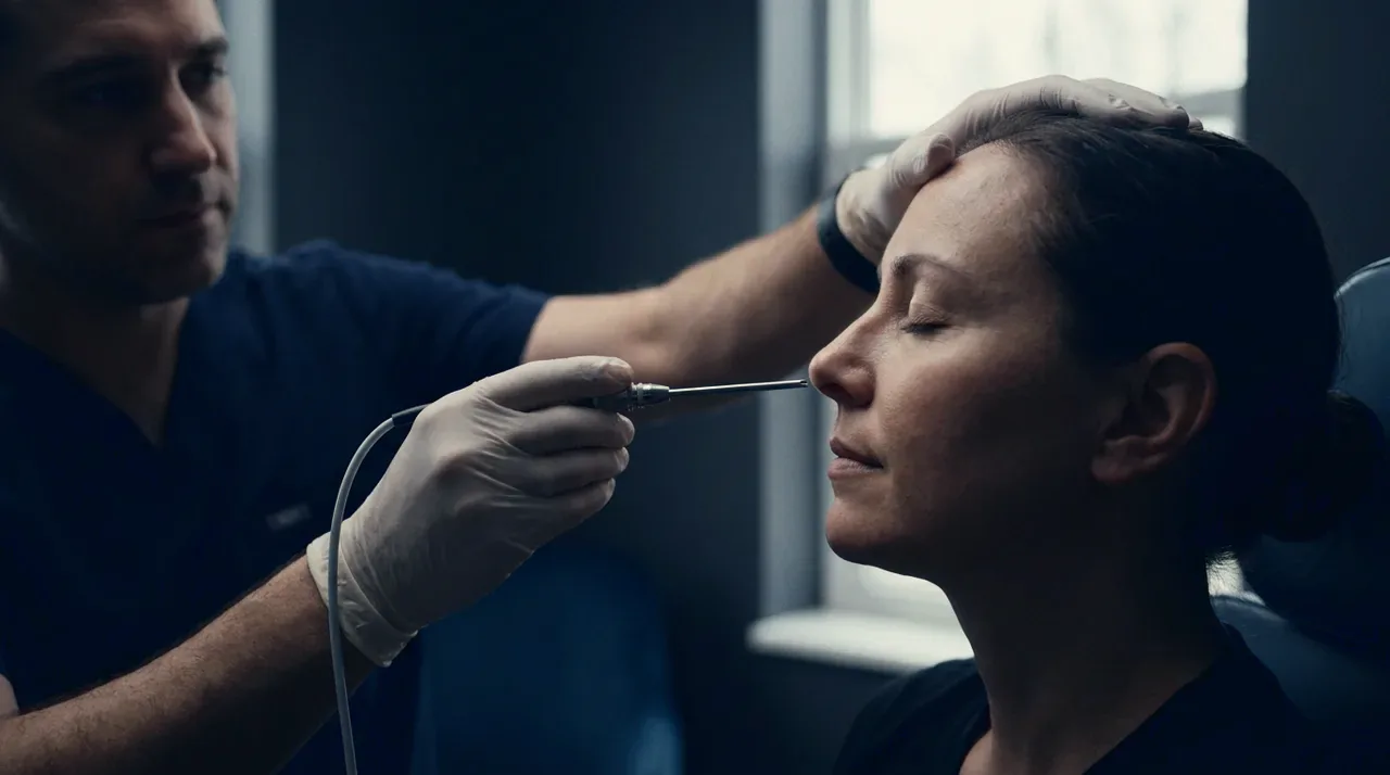 Especialista explorando la nariz de una paciente con un endoscopio nasal: elegir quién opera la nariz