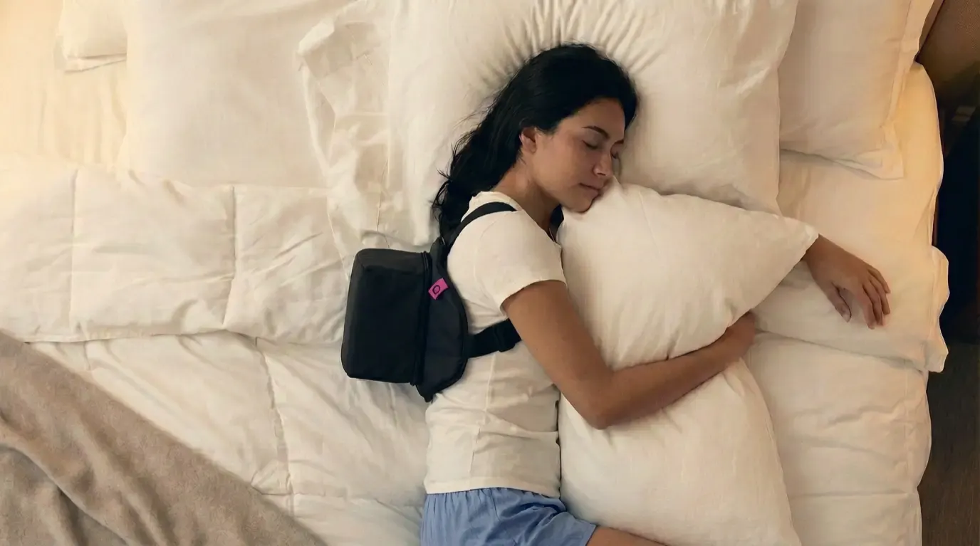 Patient sleeping laterally wearing a postural backpack to prevent supine position during sleep