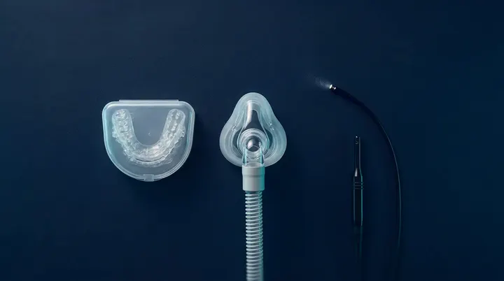 Férula de avance mandibular, mascarilla de CPAP y endoscopio sobre fondo oscuro